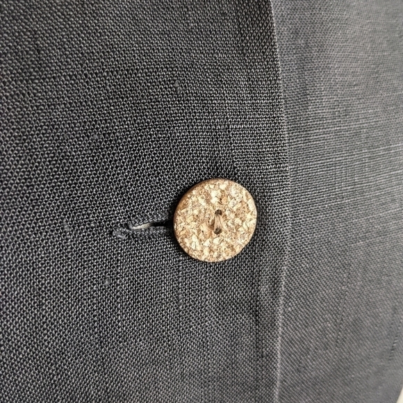 VINTAGE Black Linen Long Jacket wood buttons 8 - Picture 9 of 9